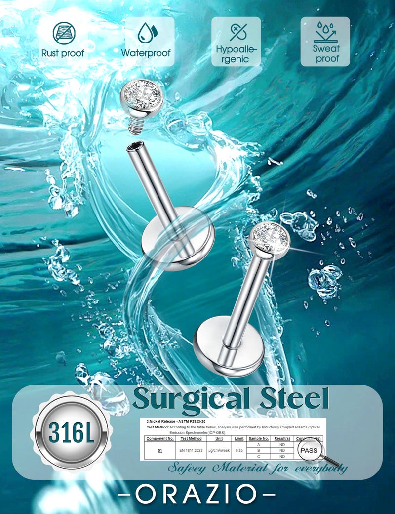 ORAZIO Silver Flat Back Stud Earrings, 18G 316L Surgical Steel Internal Thread CZ Studs Hypoallergenic Conch Cartilage Helix Tragus Piercing Jewelry Lip Labret Medusa Nose Studs for Women Men S 8 - Image 4